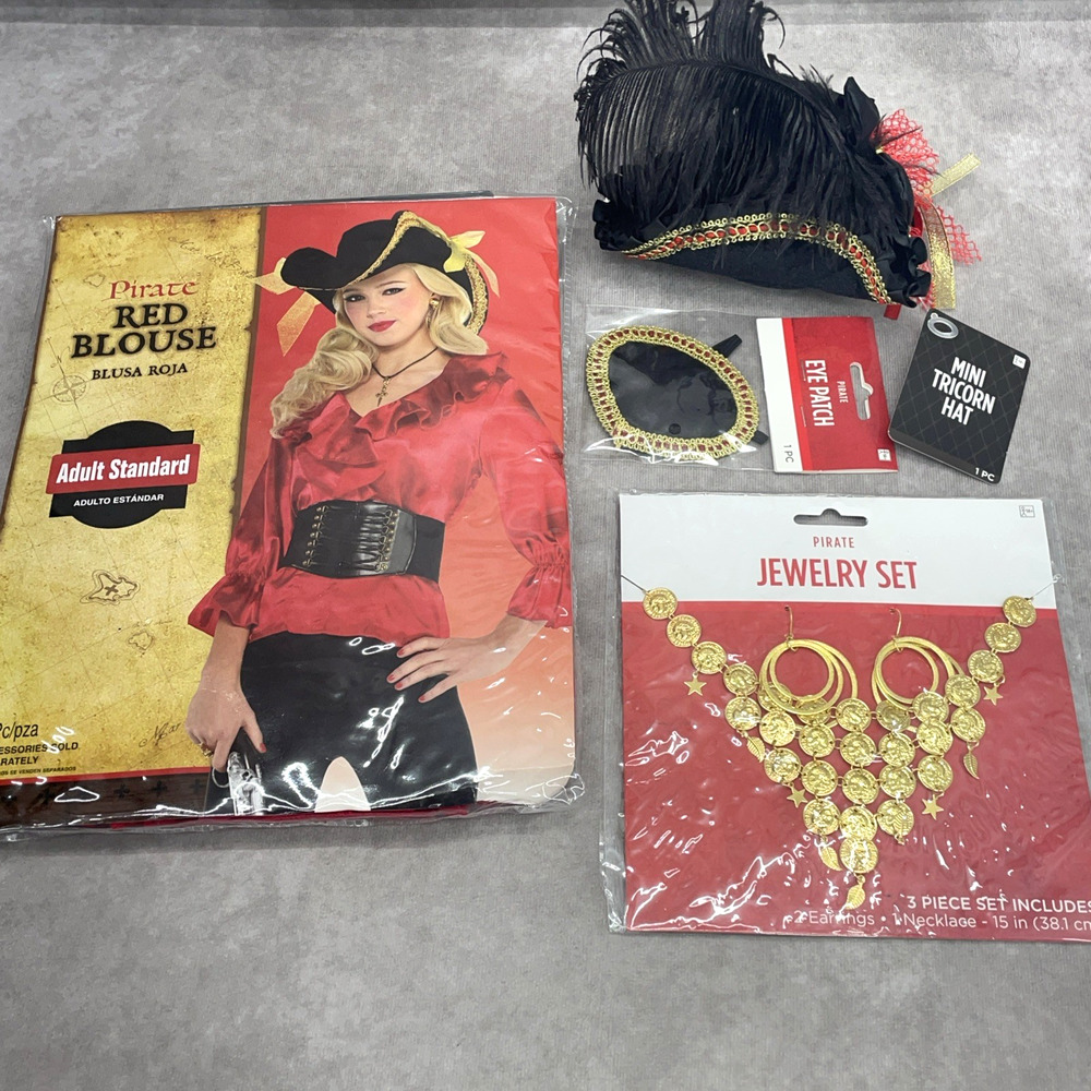 NWT Pirate Adult Costume Lot Red Blouse Mini Tricorn Hat‎ Eye Patch Jewelry Set